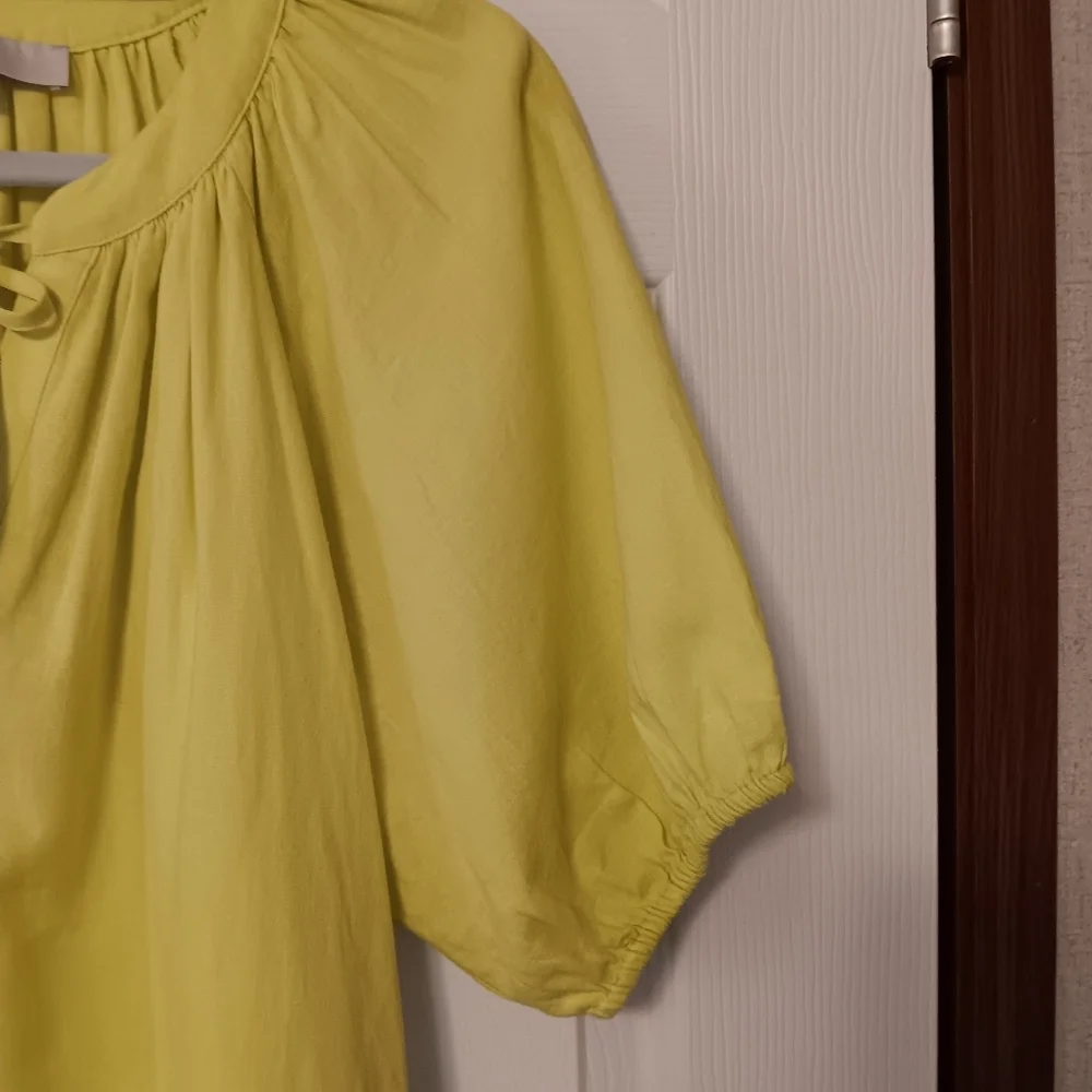 Loft Chartreuse Linen Blend Tie Neck Puff Short Sleeves Peasant Top Blouse‎ M